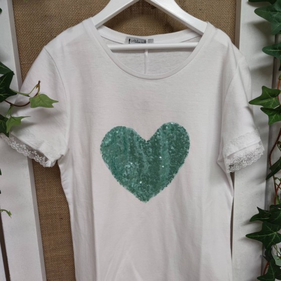 T-shirt  με μέντα καρδιά παγιέτας